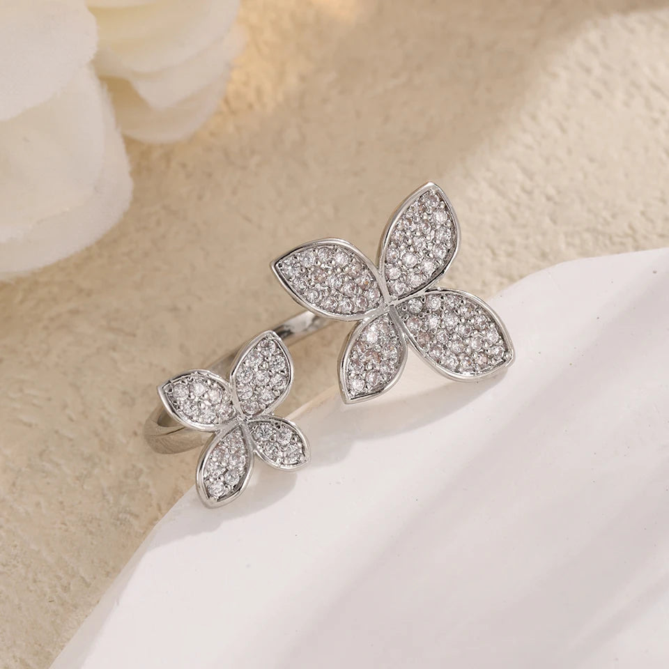 ZAKOL Luxury Sparkling Leaf Flower Micro-paved Zirconia Open Rings for Women Delicate Bridal Wedding Jewelry RP2034