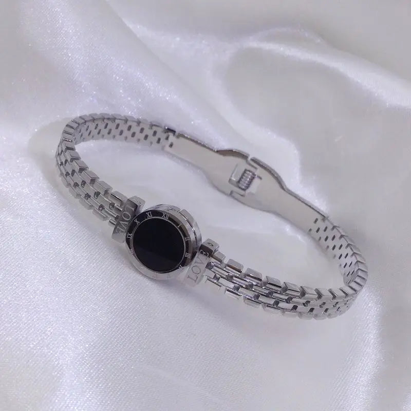 ZAKOL Fashion Black Shell Roman Numeral Titanium Steel Bangle Hollow Circle Button Bracelet Jewelry Gifts for Women