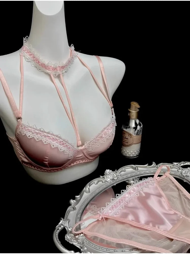 MOYISU Method Pearl Powder Bra Set Lace Halter Neck Design for Small Breasts Big Thick Cup Pure Desire Sexy Underwear for Women