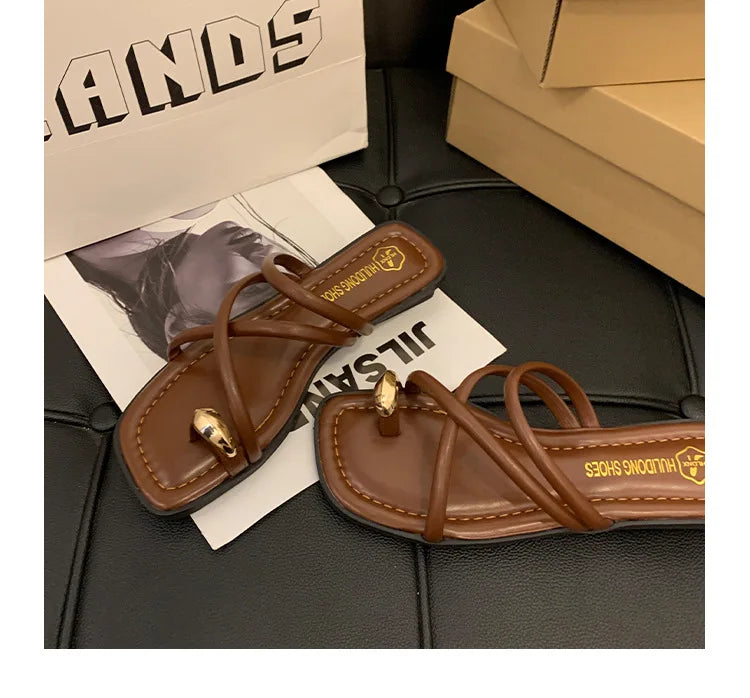 Women Summer Slippers Ladies Sandals Metal Decor Thong Flip Flop Low Heel Shoes Woman Outdoor Retro Brown Sandals Female