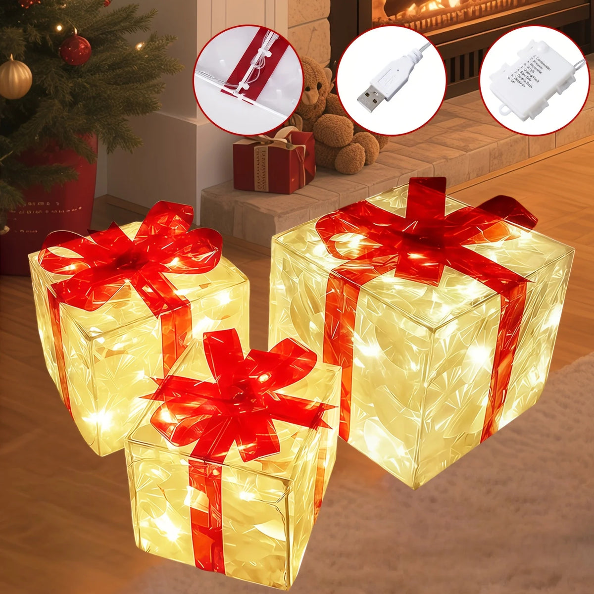 Set of 3 Christmas Lighted Gift Boxes Decorations Presents Boxes Christma Ornaments for Xmas Tree Yard Home Indoor Outdoor