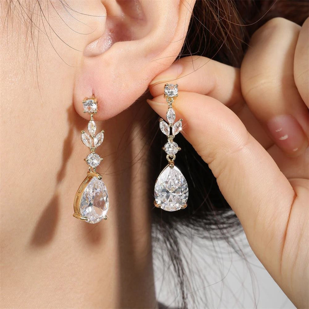 ZAKOL Fashion Trendy Water Drop AAA Cubic Zircon Leaf Dangle Earrings Shining Clear CZ Elegant Bridal Earring Jewelry