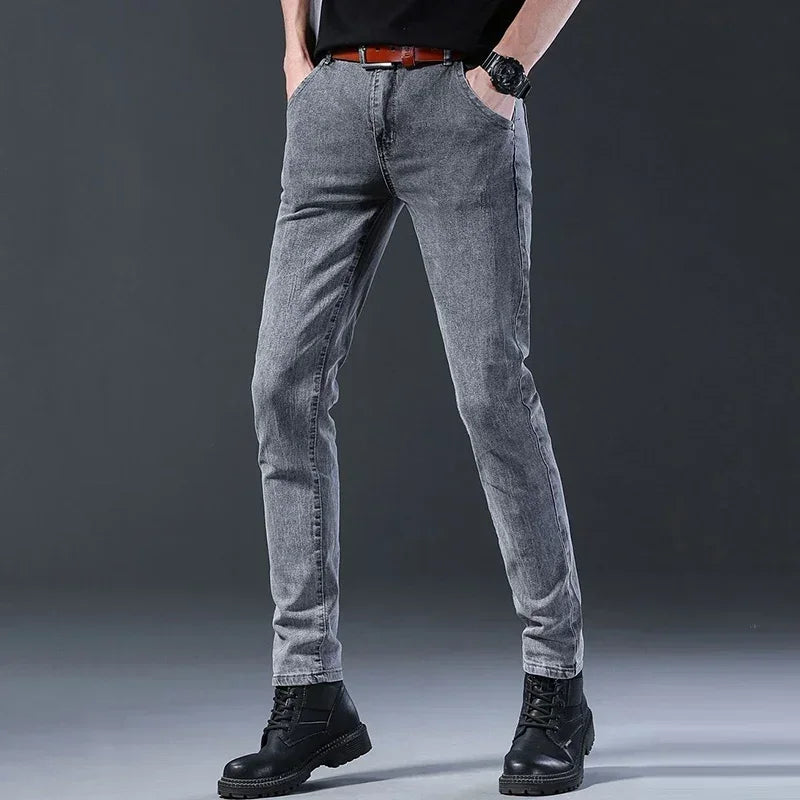 New Men Fashion Casual Business Denim Pants Male Slim Fit Straight Leg Trousers Stretch Solid Pants Size 27-38