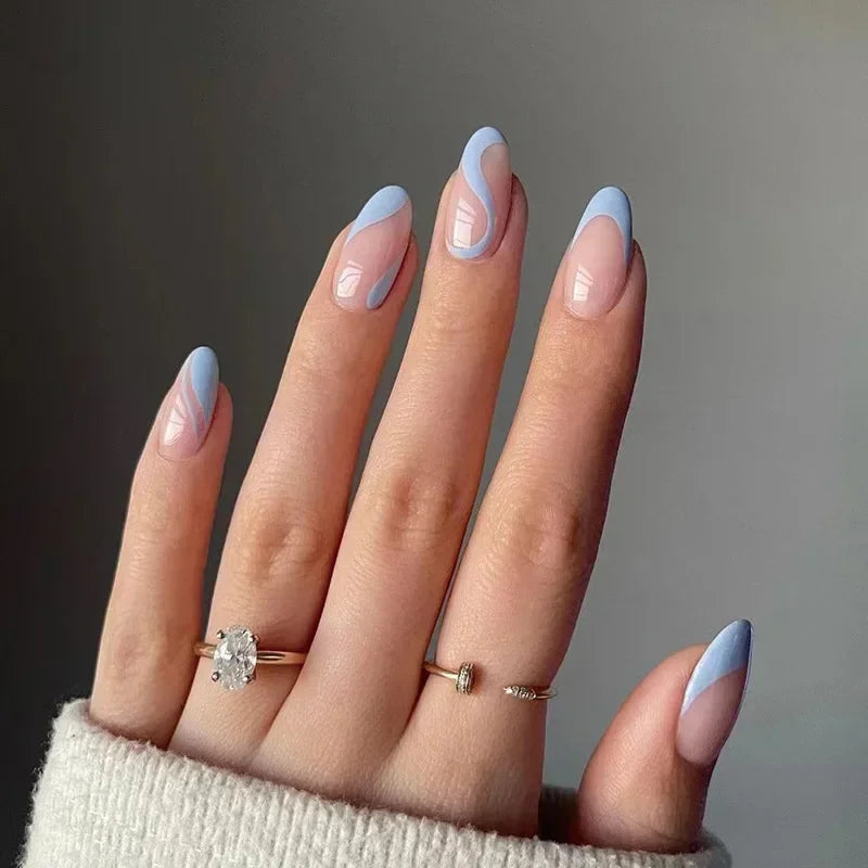 24Pcs Simple Green French False Nails Short Almond Fake Nails with Wave Line Design Wearable Round Head Press on Nail Tips