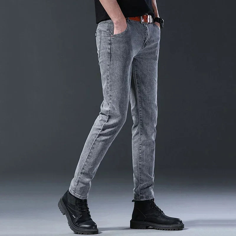 New Men Fashion Casual Business Denim Pants Male Slim Fit Straight Leg Trousers Stretch Solid Pants Size 27-38