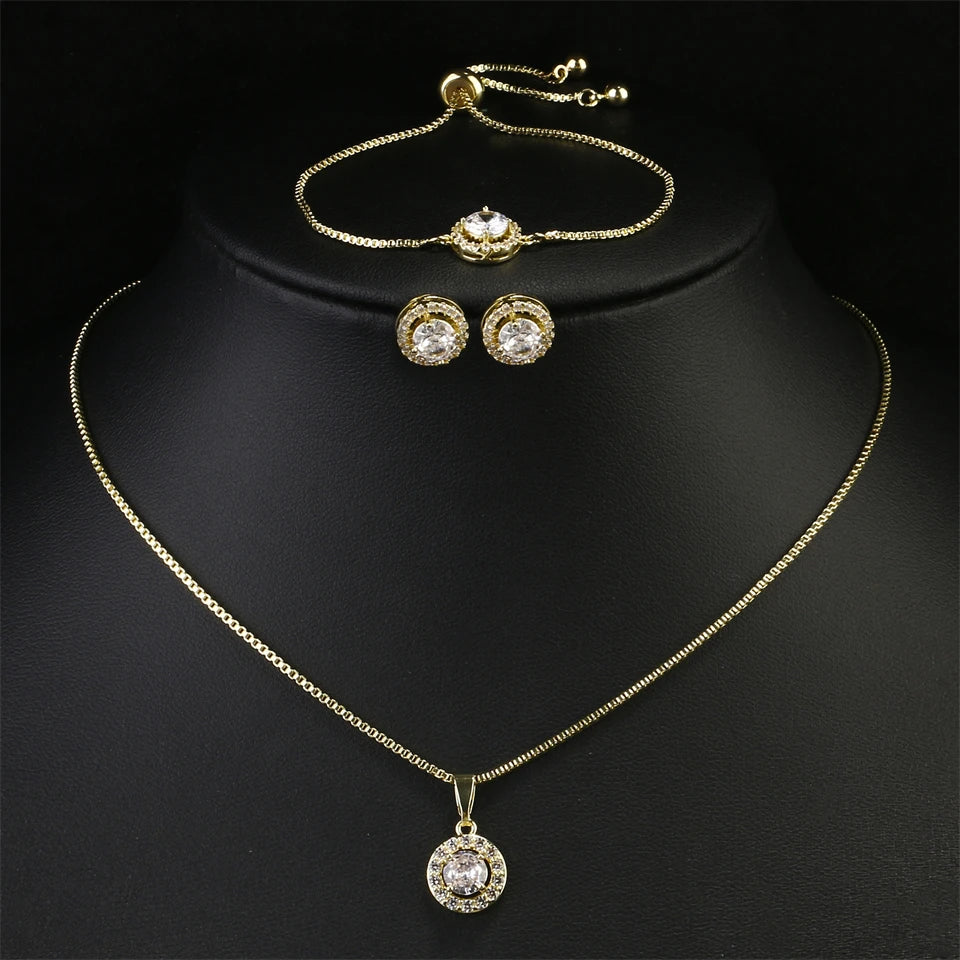 Simple Geometric Round Zircon Pendant Necklace for Women Clear  AAA Zirconia Crystal Charm Chain Necklaces Wedding Jewelry Sets