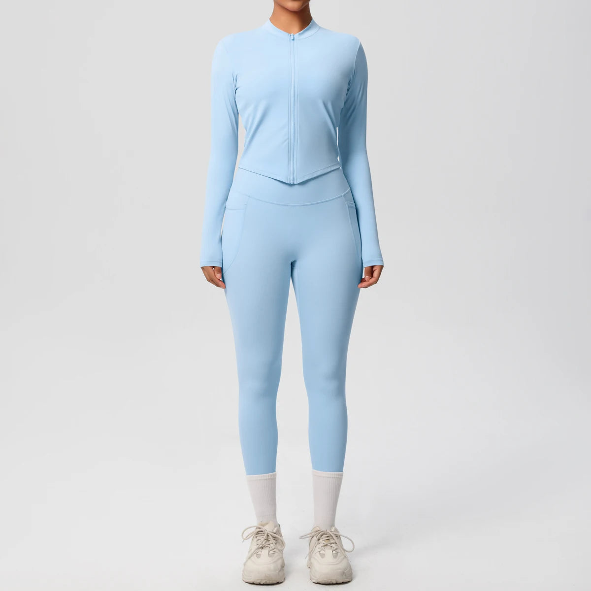 2PCS Yoga Suit Women Gym Set Leggings With Pocketed Women Tracksuit Running Zipper Workout Sportswear Long Sleeve Sports Shirt