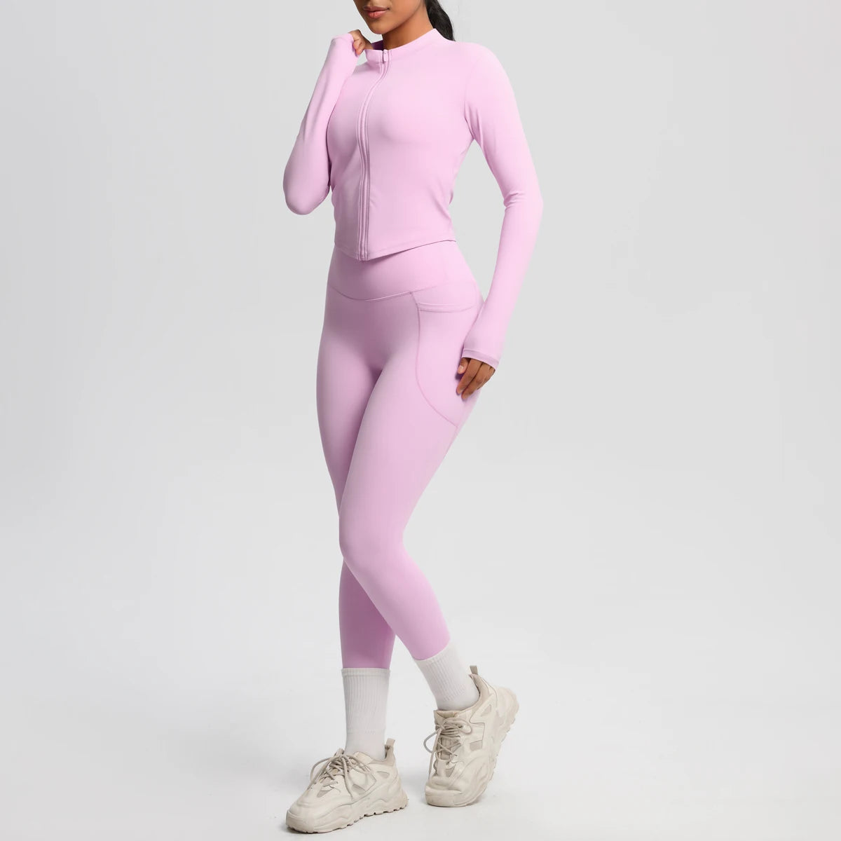 2PCS Yoga Suit Women Gym Set Leggings With Pocketed Women Tracksuit Running Zipper Workout Sportswear Long Sleeve Sports Shirt