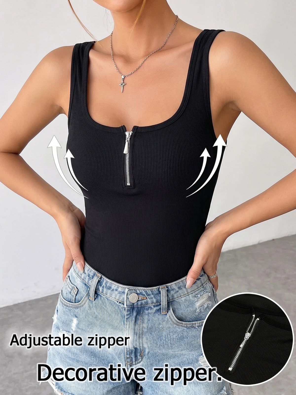 Solid Ribbed Women's Tank Top Decorative Zipper Camisole Slim Fit Casual Sleeveless Vest Top