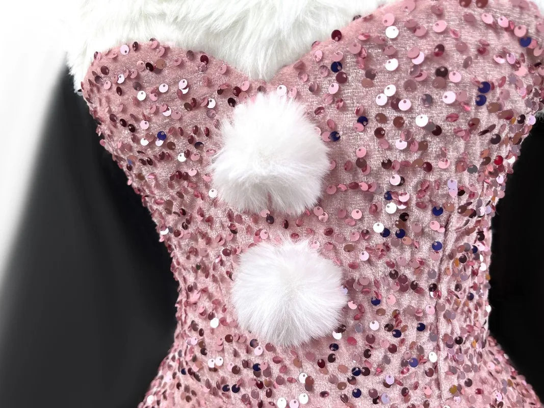 Christmas Atmosphere New Year's Robe Women's Christmas Dress Pink Red Sequined Dress Plush