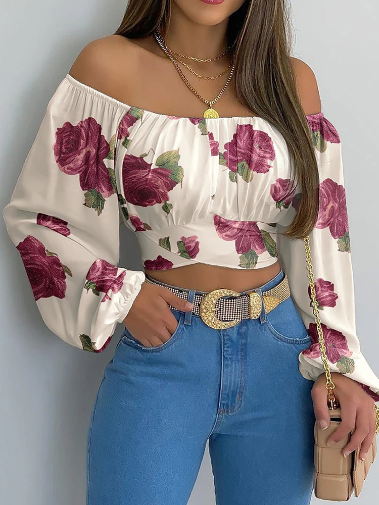 Women Elegant Boho Print Blouse Casual Long Lantern Sleeve Off Shoulder Slim Shirt Female Chic Cropped Top Summer Tunics