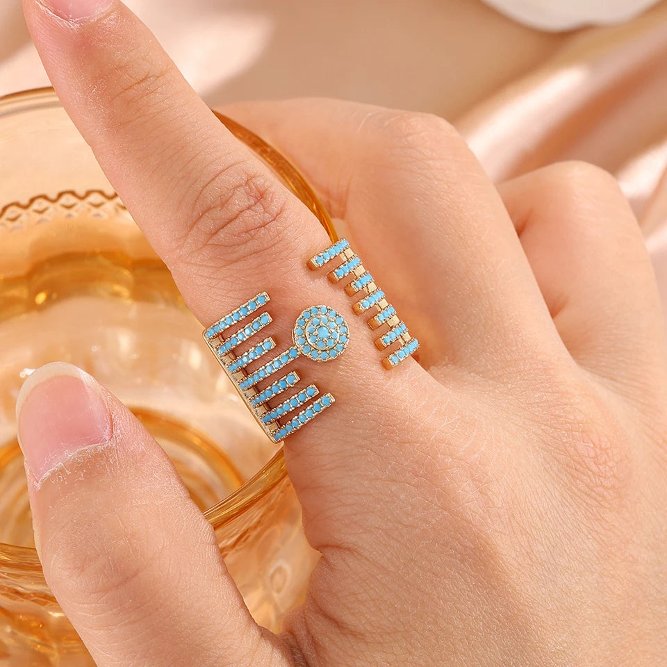 ZAKOL 1pcs Niche Design Blue Turquoise Zirconia Open Rings for Women Creative Luxury Wide Finger Ring Jewelry Gift