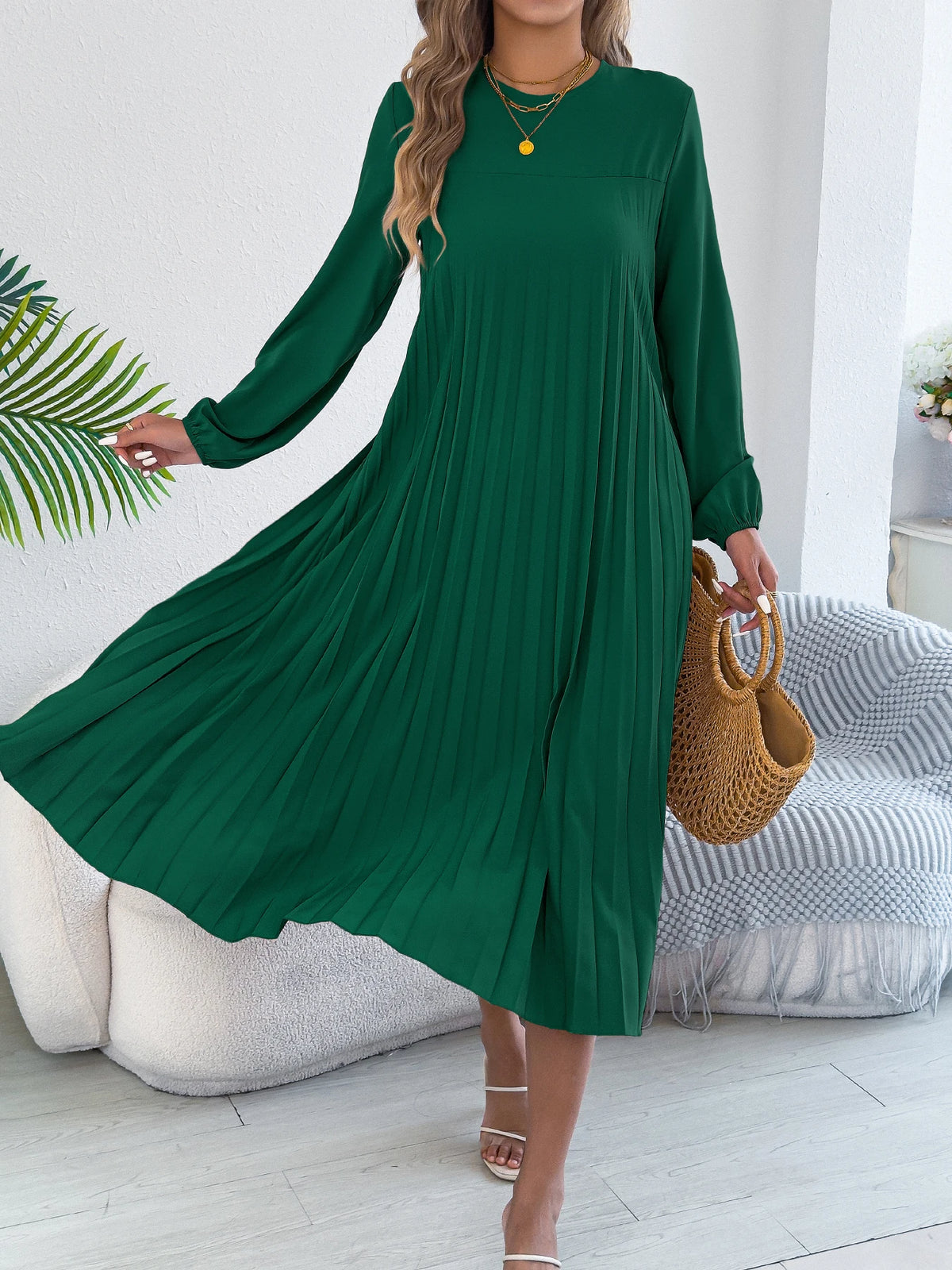 Women Elegant Dress 2026 Retro Solid Color Round Neck Long Sleeve Pleated Dress Without Belt 2026 Autumn Winter Khaki Green Red