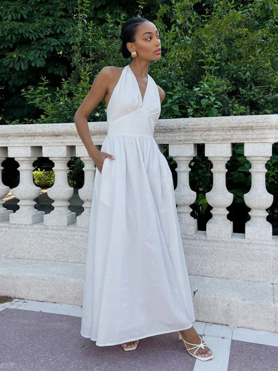 BKLD Pure Cotton Long Dresses 2026 Spring Summer High Waist V-Neck Lace-Up Maxi Dress Party Clubwear Solid Color Women Clothing