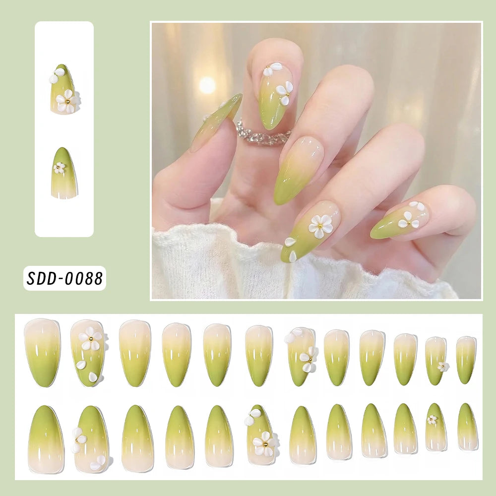 24pcs Gradient Green French Wearable Press on Nails Medium Almond Spring Petal Full Cover Fake Nail Tips Floral False Nails