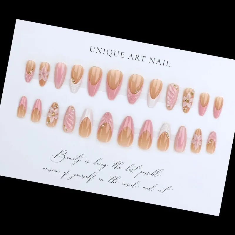 24PCS Pink Almond Press on Nails Full Cover Carved Flower 3D Ripples French Fake Nails for Women with Golden Pearl Wearable Nail