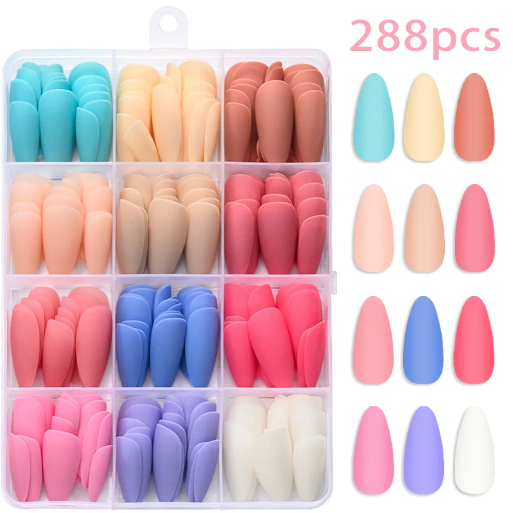 288Pcs Colorful Medium Almond False Nails Stiletto Full Cover Fake Nails Tips Extension Artificial Wearable Press On Nails