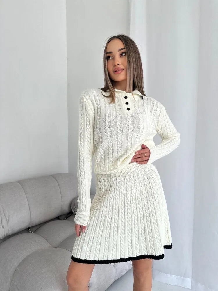 BKLD 2026 New Casual Skirt Sets Long Sleeve Tops Knitted Button Sweater And Mini Skirts Two Piece Sets Clothes For Women
