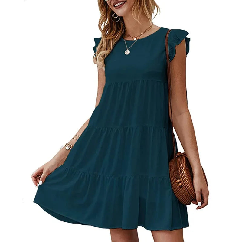 Women Elegant Ruffle Mini Dress Casual Solid O Neck Beach Party Sundress Simple Chic Loose Short Dress Vintage Harajuku Vestido