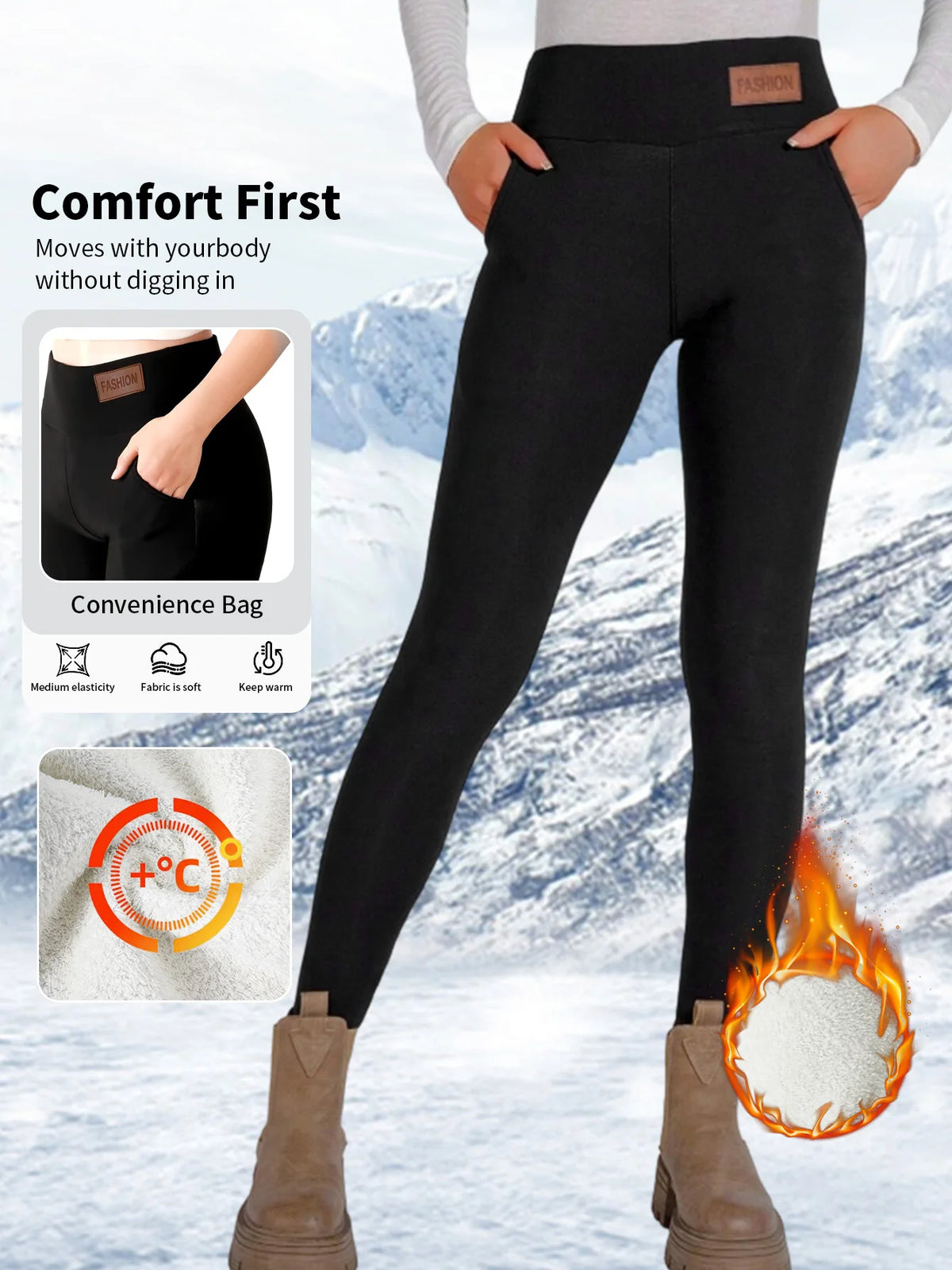 1PC Women Autumn Winter Velvet Thicken Shapewear Pants with "FASHION" Letter Leather Label and Pockets High Waist Warm Leggings