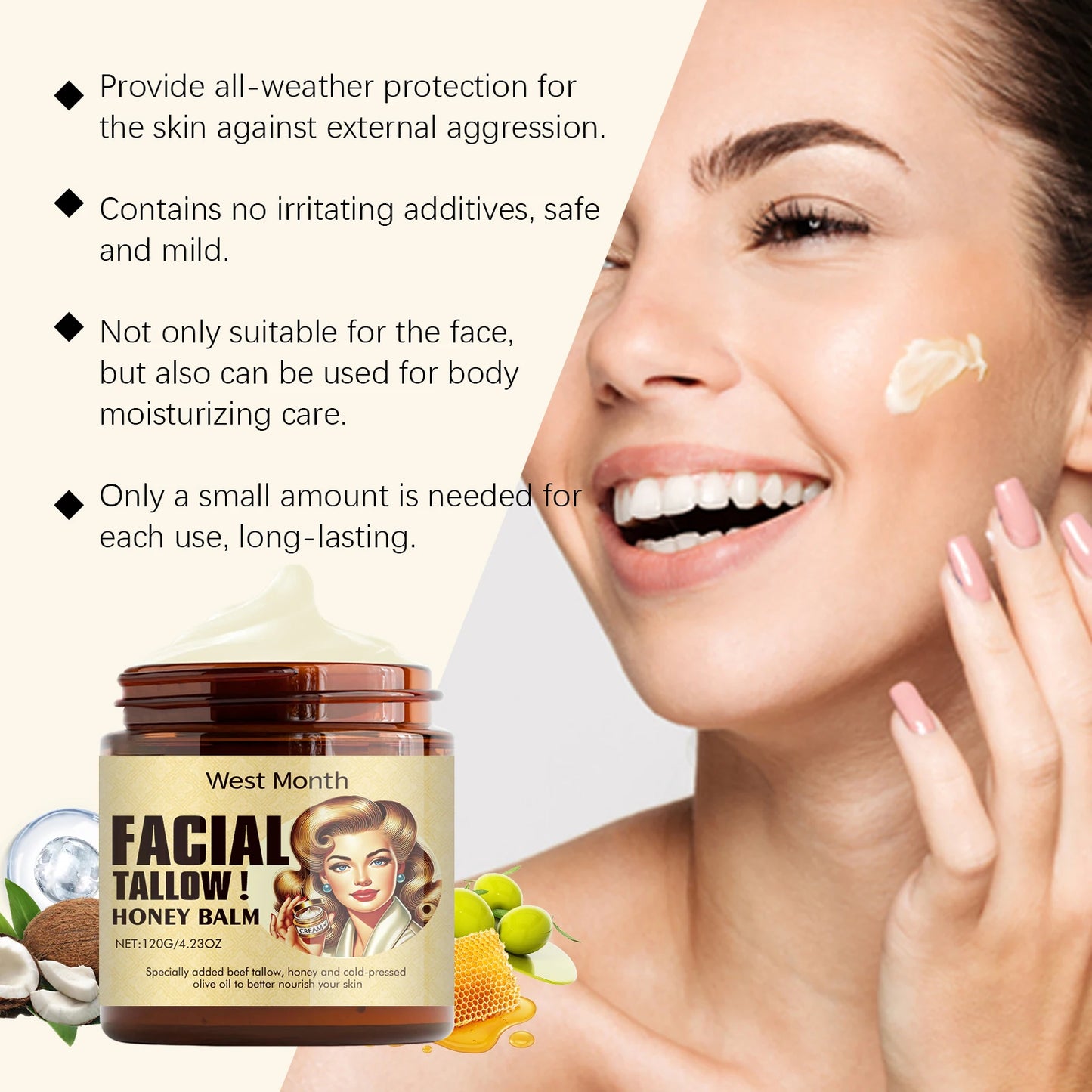 Beef Tallow Face Cream Lasting Moisturizing Soothing Facial Skin