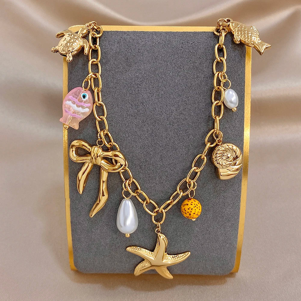Flashbuy Beach Ocean Style Women's Necklace Sea Star Sea Turtle Sea Conch Charm Stainless Steel Necklace Waterproof Jewelry