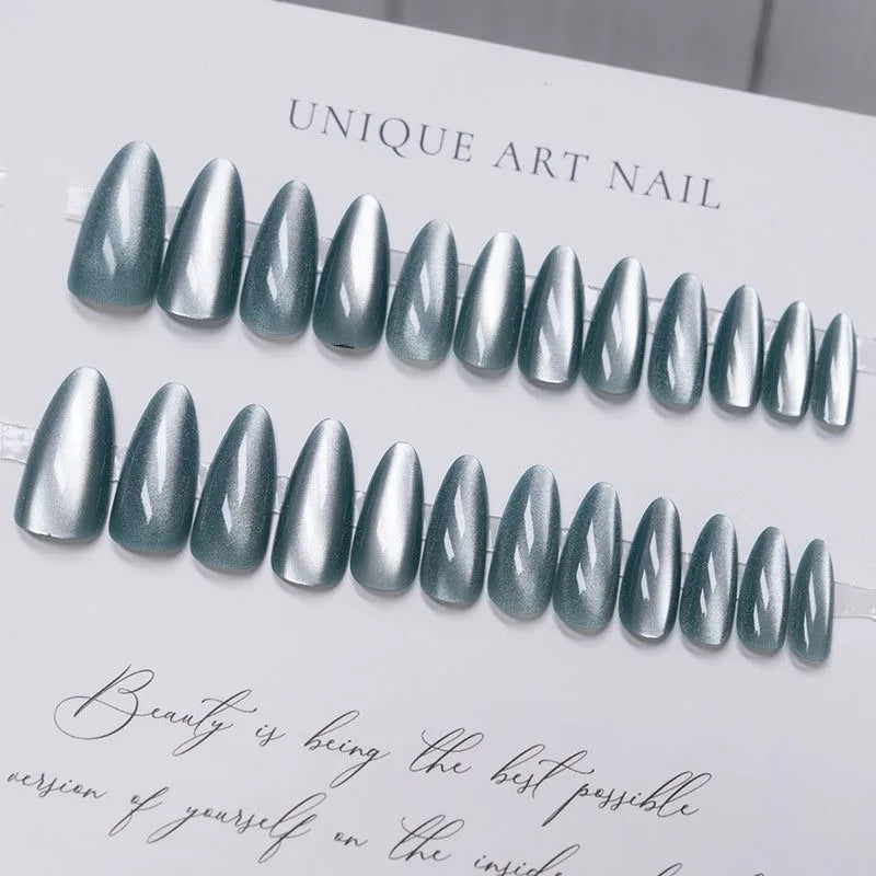 24pcs Fashion Medium False Nails with Glue Cat Eye Artificial Stick-on Nail Tips Almonds Acrylic Press on Nails for Gluing 2024