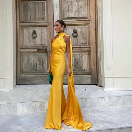Women's Sexy One Shoulder Satin Party Dress Elegant Solid Sleeveless Slim Fit Long Dress 2026 New Evening Prom Maxi Dresses