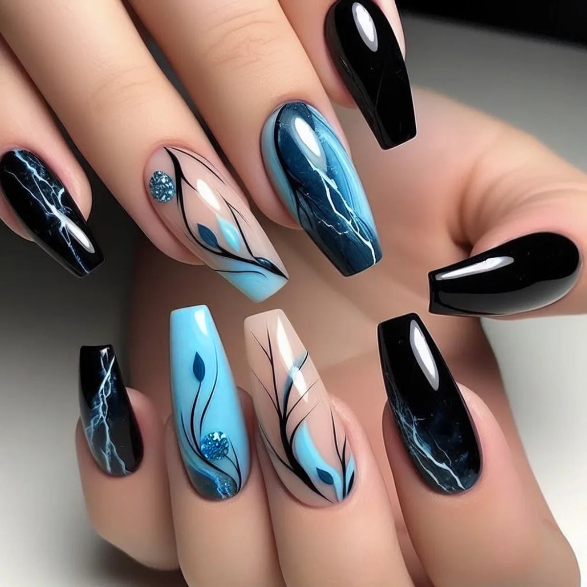 24Pcs Dark Blue Square Head Press on False Nails 3D Ocean Mid-length Fake Nail Wearable Finished Manicure Full Cover Nail Tips