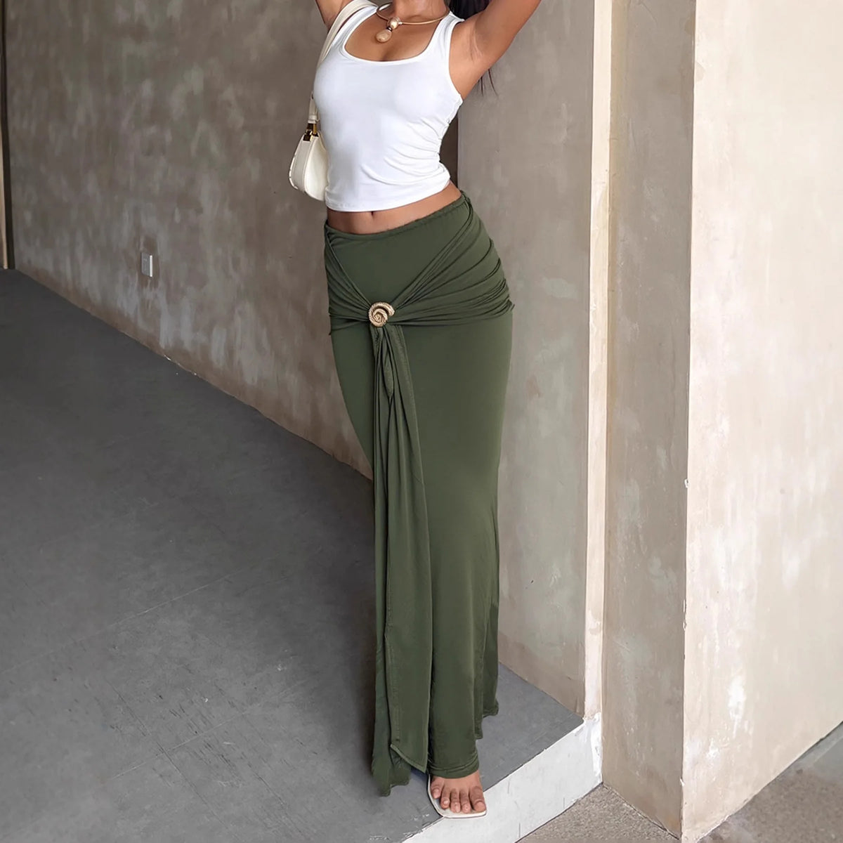 BKLD 2026 New Fashion Metal Accessory Bag Hip Skirts Soid Color Green Sexy Low Waist Tight Long Skirts Women Clothing Party