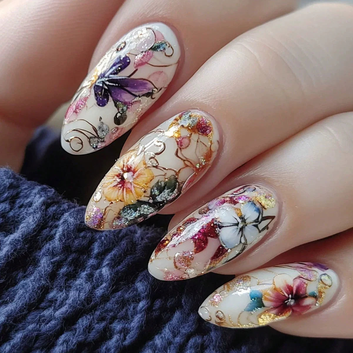 24Pcs Matte Almond Autumn Winter False Nails with Glue Glitter Butterfly Fake Nail Press Ons Black Gradient Artificial Nail Tips