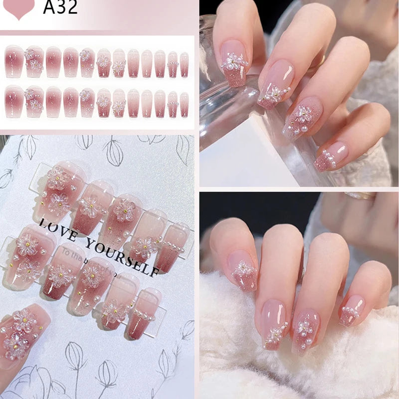 24pcs Medium Long Acrylic Fake Nails 3D Flower Pearl Design Press on Nails Ballerina Full Cover False Nails Tips for Women