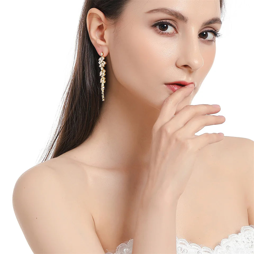 ZAKOL Fashion Cubic Zirconia Leaf Long Dangle Earrings for Elegant Women White Leaves Drop Earring Bridal Wedding Jewelry