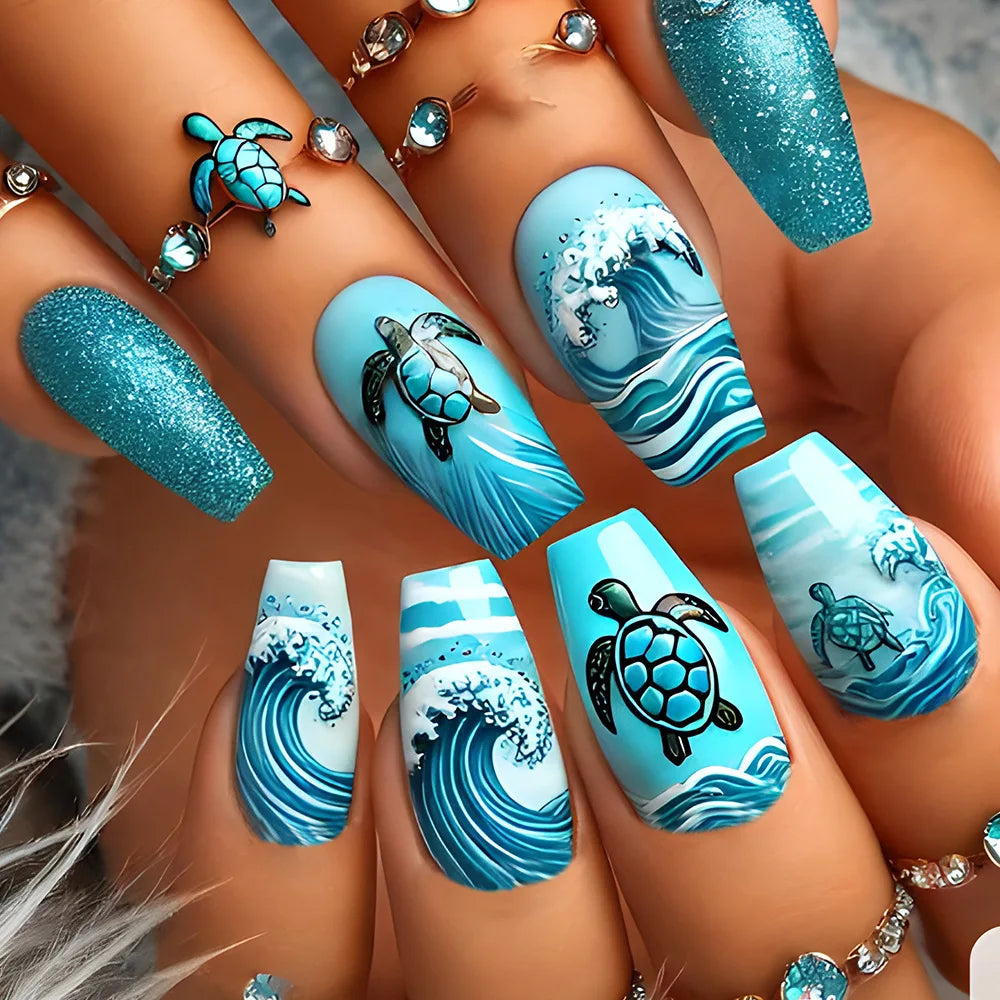 Medium fake nails for women gilrs gradient blue ocean sea tortoise shark design Square ballet nail tips press on false nail art