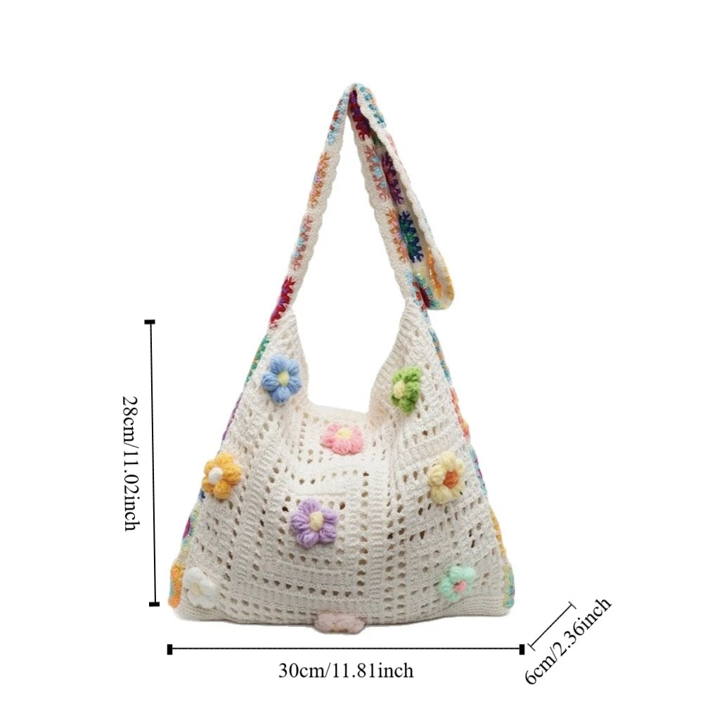 Boho Knitting Shoulder Bag Floral Large Capacity Bohemian Crochet Crossbody Bag Ethnic Style Lazy Style Casual Woven Handbag