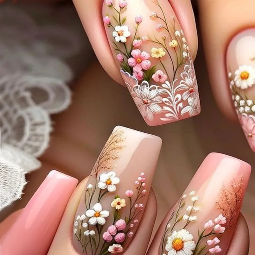 24Pcs Ladder-shaped Ballet False Nails with Glue Stripe Floral Nail Art Ombre French Press on Acrylic Nail Tips for Spice Girls