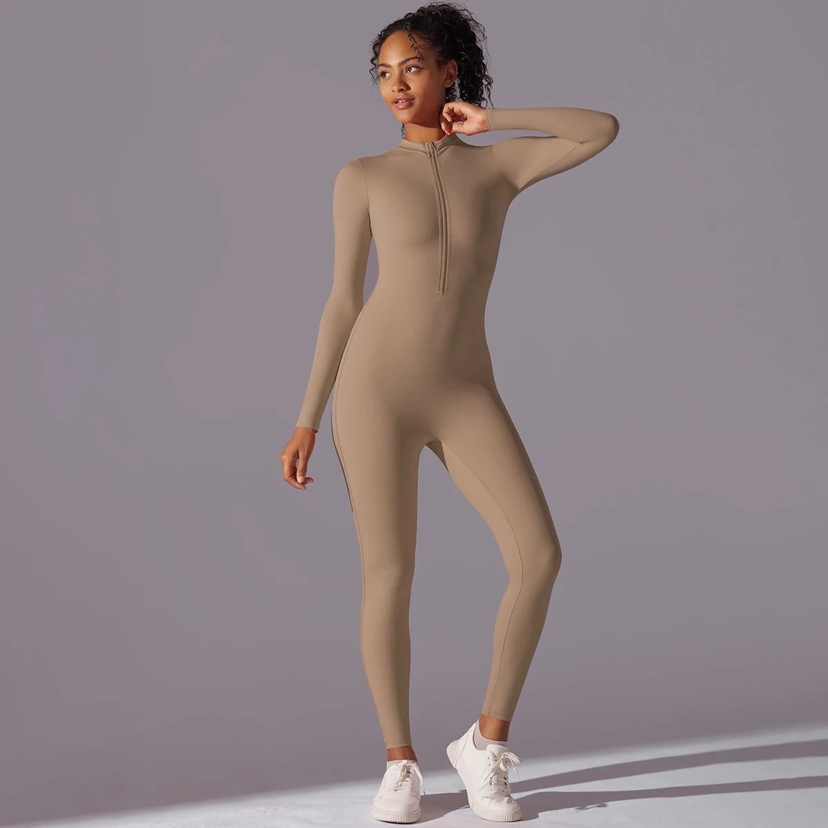 Women Zipper Yoga Jumpsuit Nude Long Sleeve High Intensity Workout One Piece Leotard Fitness Dance Gym Aerial Yoga Jumpsuit