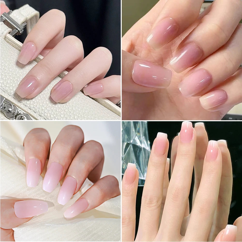 120Pcs Glossy Medium Coffin Press On Nails Pink Gradient French Fake Nails Acrylic Full Cover Ballerina False Nails For Women