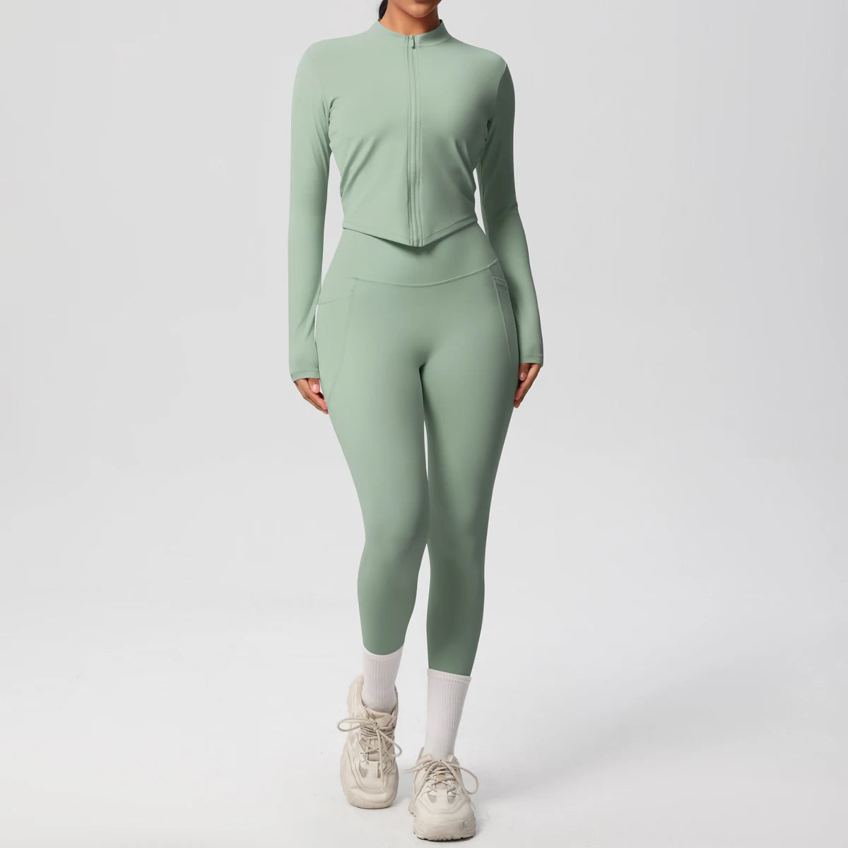 2PCS Yoga Suit Women Gym Set Leggings With Pocketed Women Tracksuit Running Zipper Workout Sportswear Long Sleeve Sports Shirt