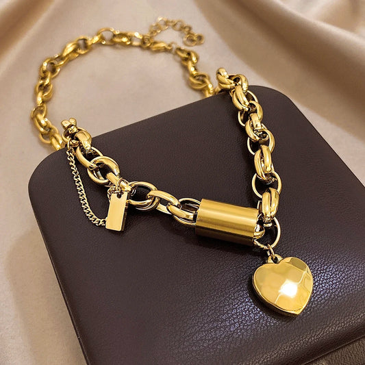 Flashbuy New Punk Chunky Gold Color Thick Chain Stainless Steel Necklace for Women Fashion Design Heart Love Pendant Jewelry