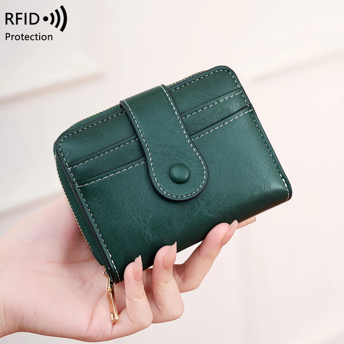 Women's RFID Blocking Wallet Multi-Card Holder Zipper Buckle Short Money Clip Retro Coin Wallet Functional Design