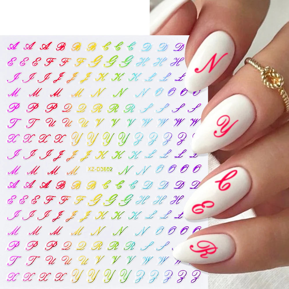 1pc Gold Silver English Letter Nail Sticker Black Laser 3D Alphabet Self Adhesive Decal English Words DIY Slider Manicure Decor