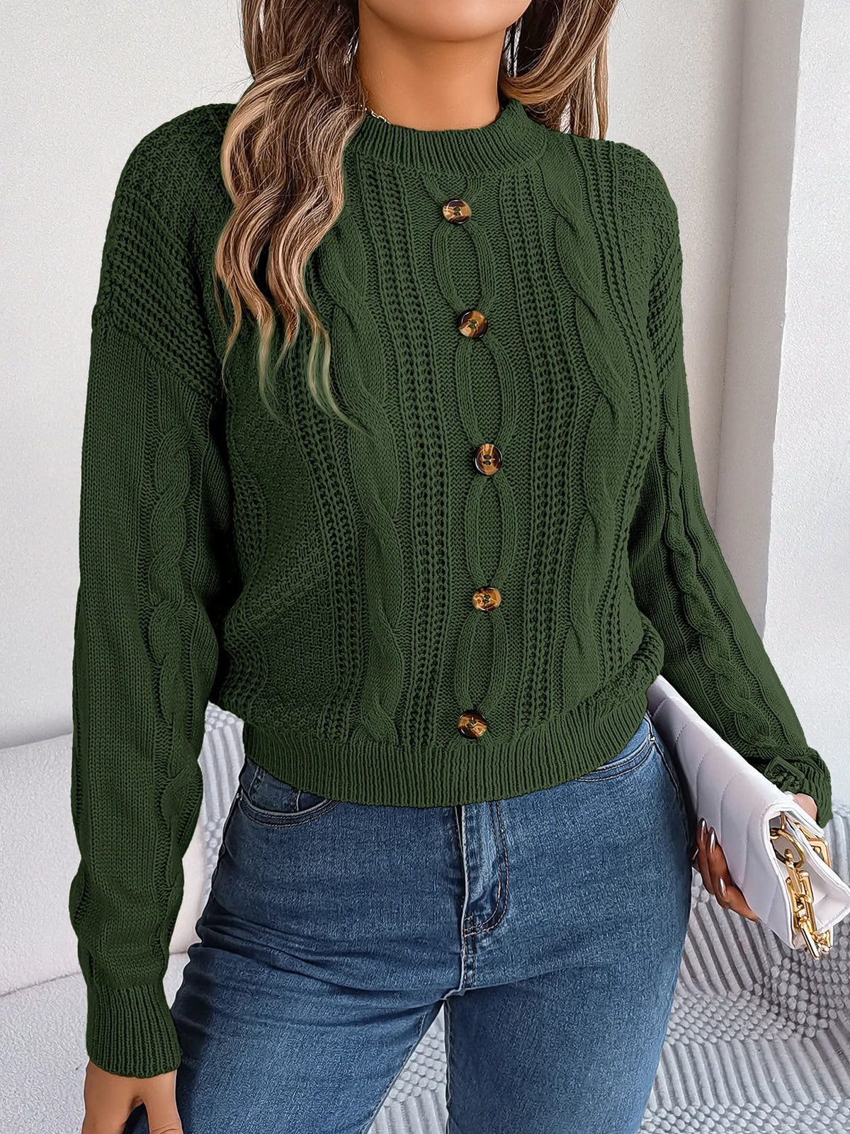 Women's Solid Color Round Neck Buttons Knitted Sweater 2026 Autumn Winter Casual Long Sleeve Pullover White Grey Green Woman Top