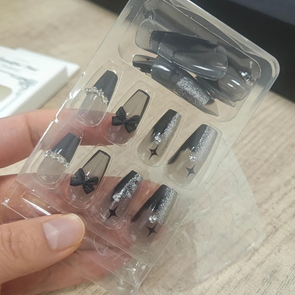 24Pcs Black Bow Ballet French False Nails Acrylic Full Cover Fake Nails with Star Bowknot Rhinestone Coffin Press on Nails