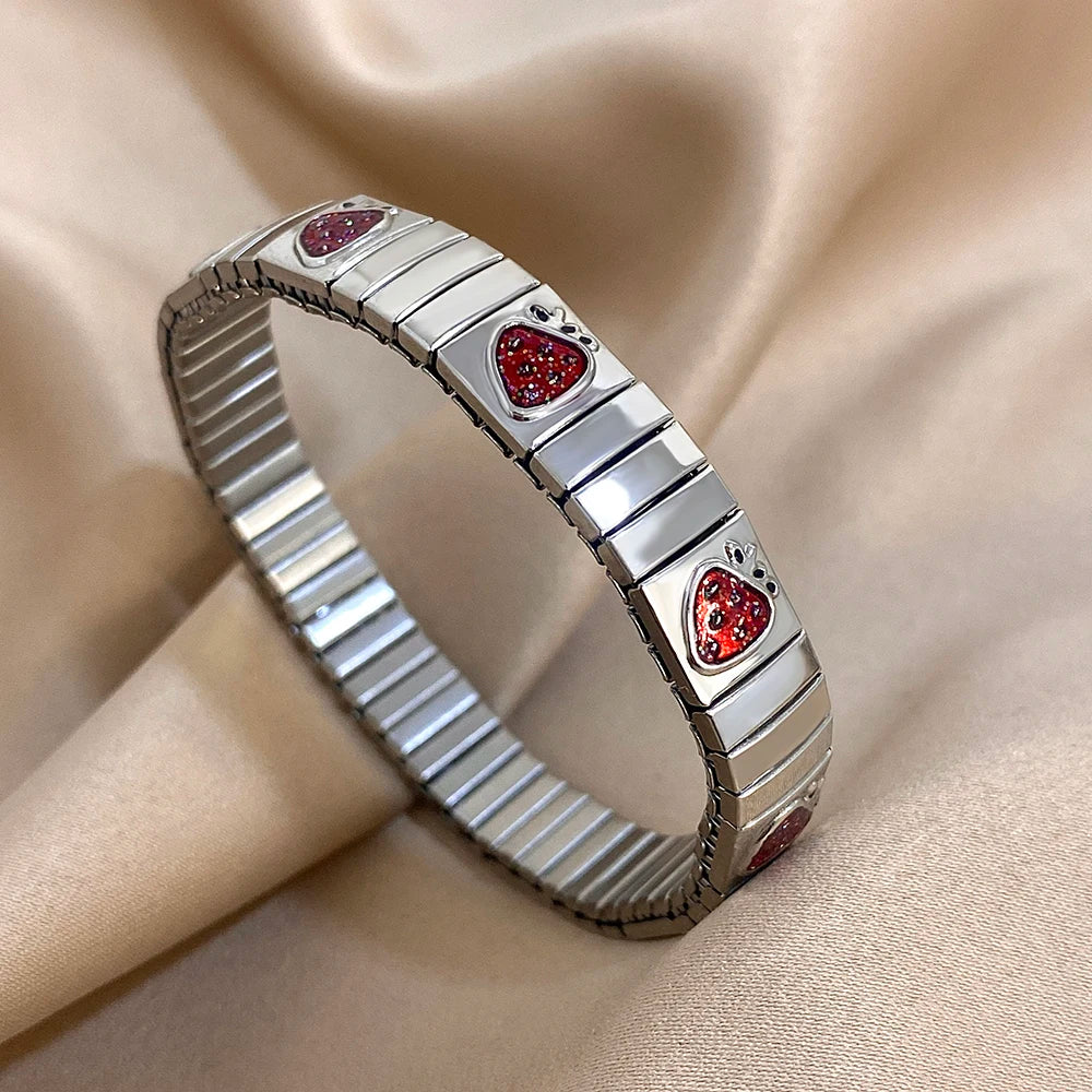 316L Stainless Steel Gold Color Strawberry Cherry Elastic Bangle Bracelet For Women Men Statement New Trend Wrist Jewelry Gift