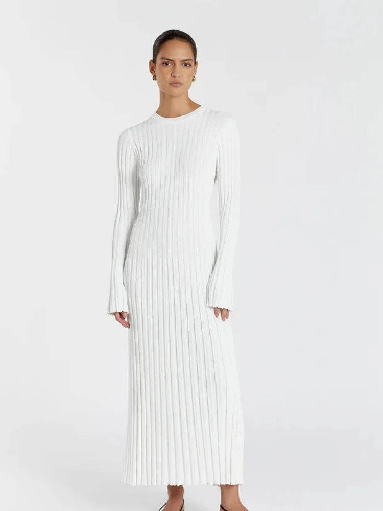 Vintage Lace-Up Female Knit Maxi Dress Elegant High Waist Patchwork Long Sleeve Loose Solid Dress Bodycon Knitwear Basic Dresses