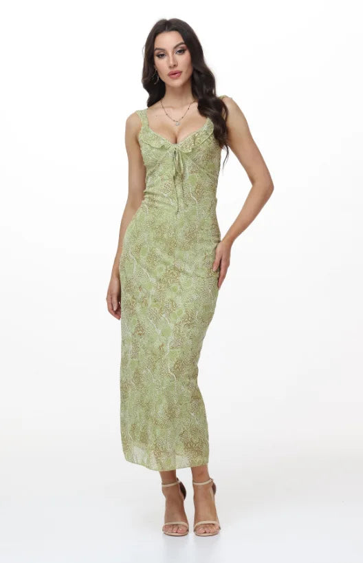 Elegant Summer Print Floral Dress Women V-neck Slim Ruffles Sleeveless Backless Long Dresses 2026 Beach Vacation Lady Vestidos