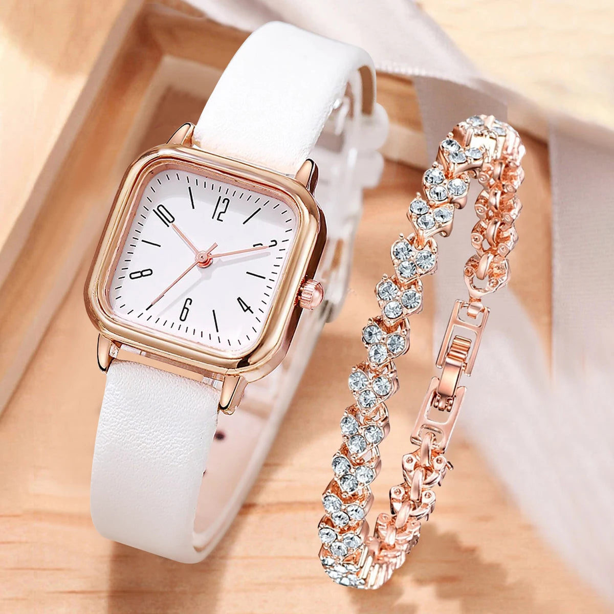 2PCS/Set Fashion Square Women Watches Casual Leather Strap Quartz Watch Rhinestone Bracelet Set