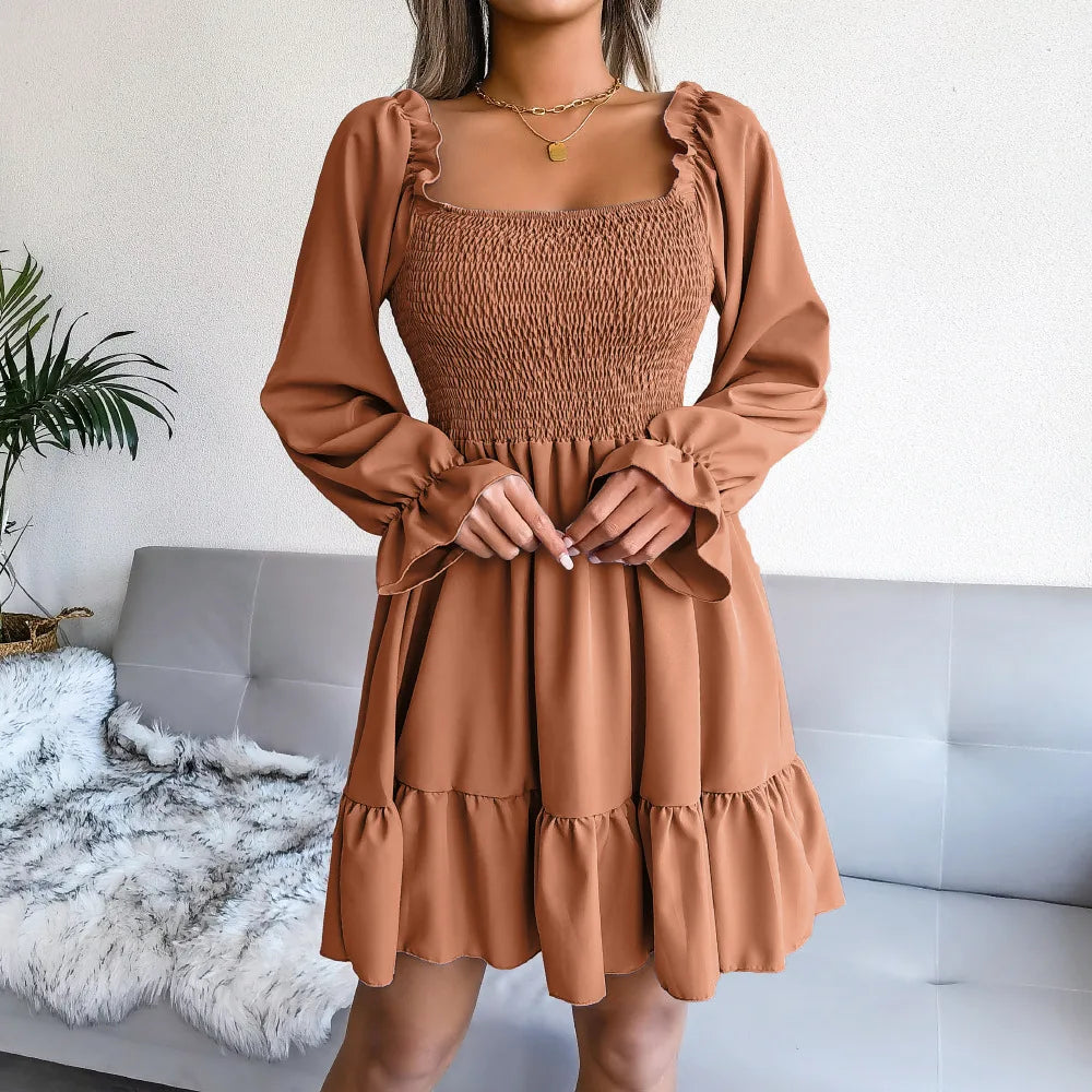 Spring Summer Casual Solid Color Square Neck Flared Long Sleeve Ruffled Dress Red Orange Green Black 2026 Fashion Woman Clothing