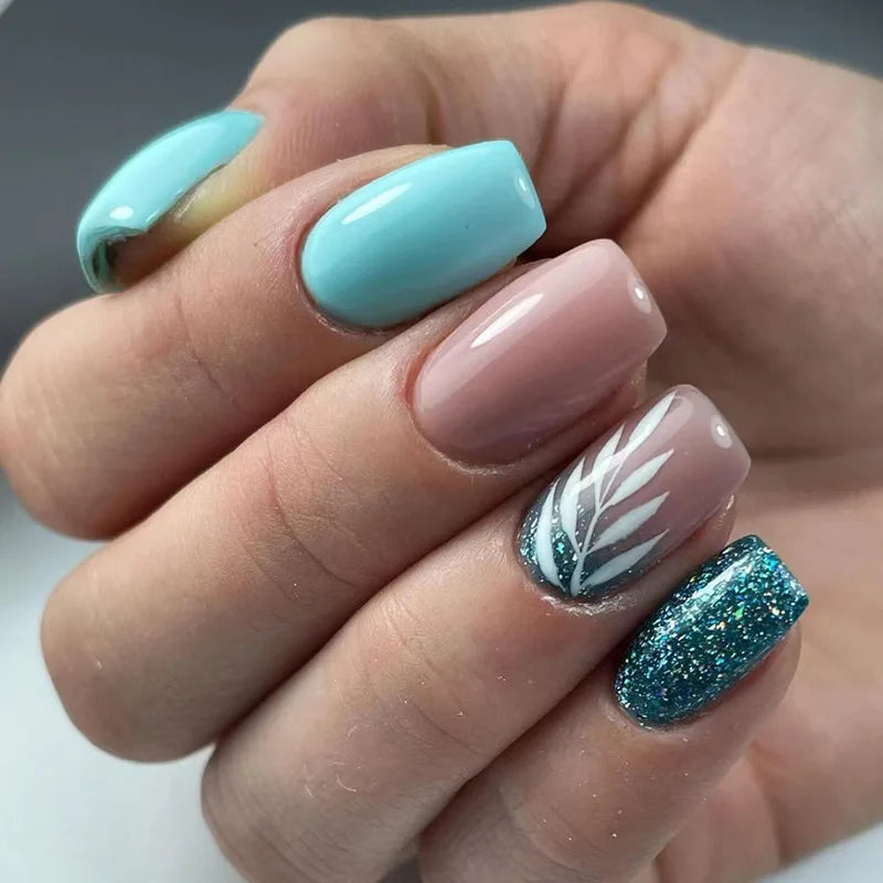 24pcs Blue Short Square False Nails Sets Shiny Smudge Lines Stick on Ballet Fake Nail Acrylic Simple Press on Nails Art Manicure